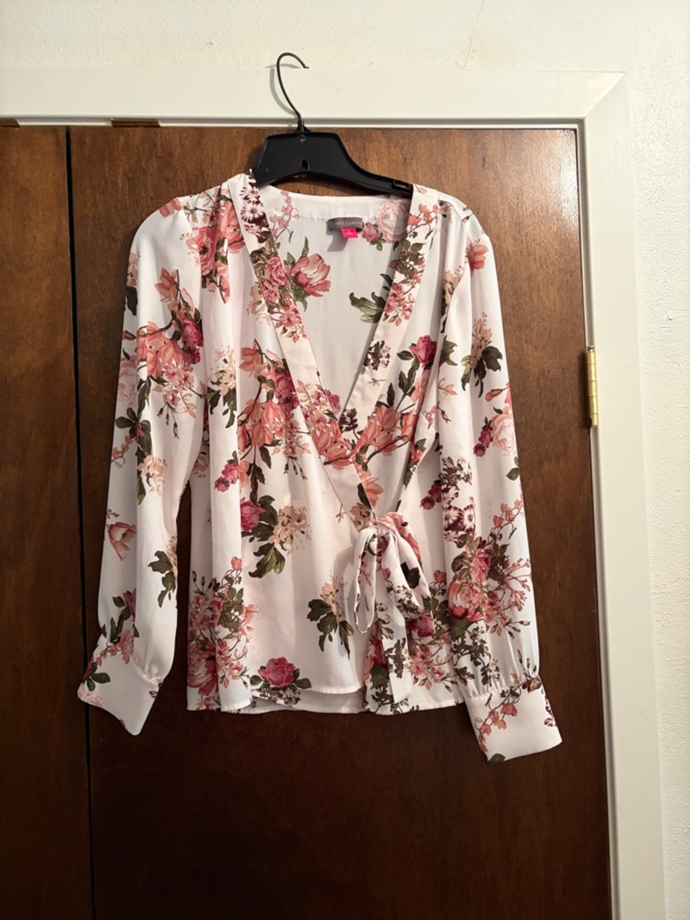 Vince Camuto White Floral Wrap Blouse with Pink Blooms